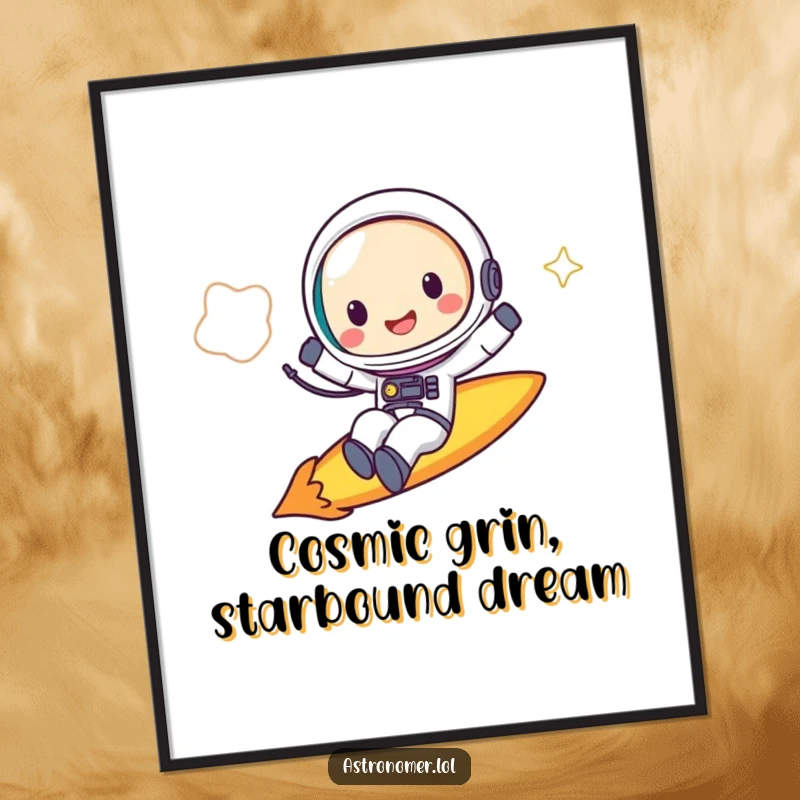 Funny Free Printable Wall Art: Joyful astronaut grinning widely while riding a comet through the stars.