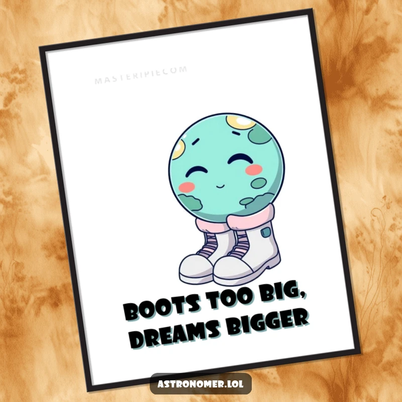 Funny Free Printable Wall Art: Winking planet hilariously trying to wear oversized moon boots, a cosmic fashion statement.