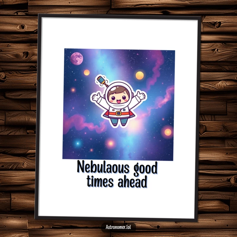 Funny Free Printable Wall Art: Happy Kawaii astronomer character joyfully floating with open arms in colorful nebulae.