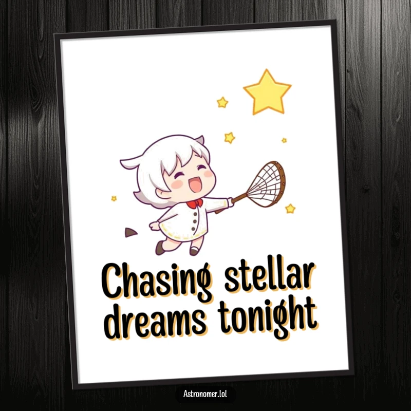 Free Printable Wall Art: A character's ecstatic pursuit of a shooting star with a net, bringing boundless joy and cosmic whimsy.