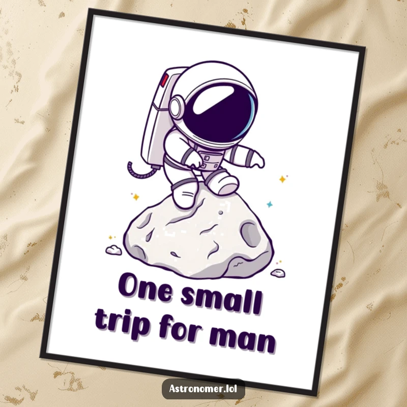 Funny Free Printable Wall Art: Chibi astronaut humorously tripping over a lunar rock, perfect for space lovers.