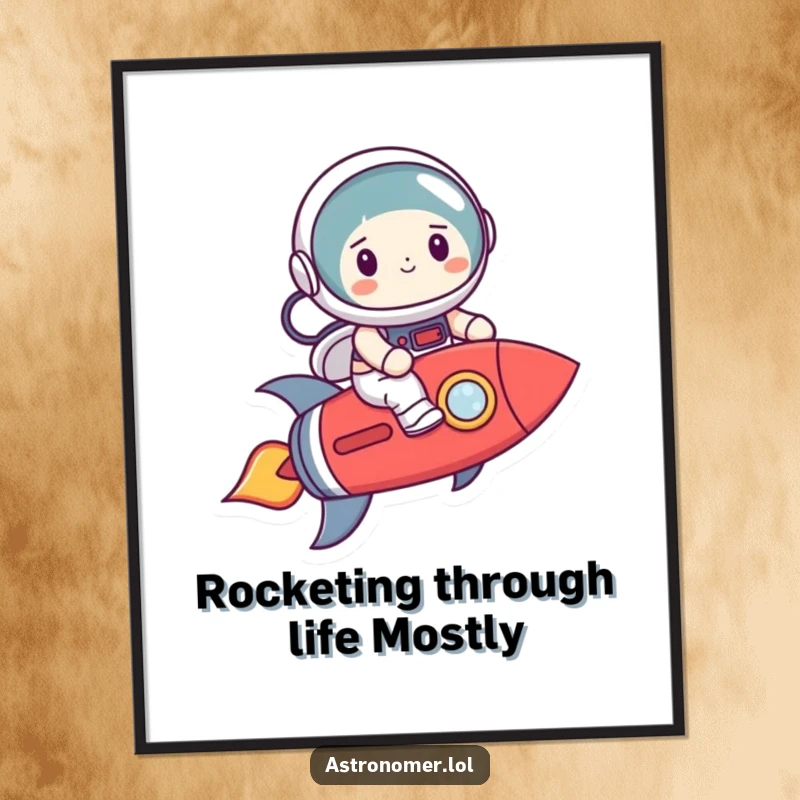 Funny Free Printable Wall Art: Astronaut on a crooked rocket, capturing a humorous space adventure, perfect for decor.