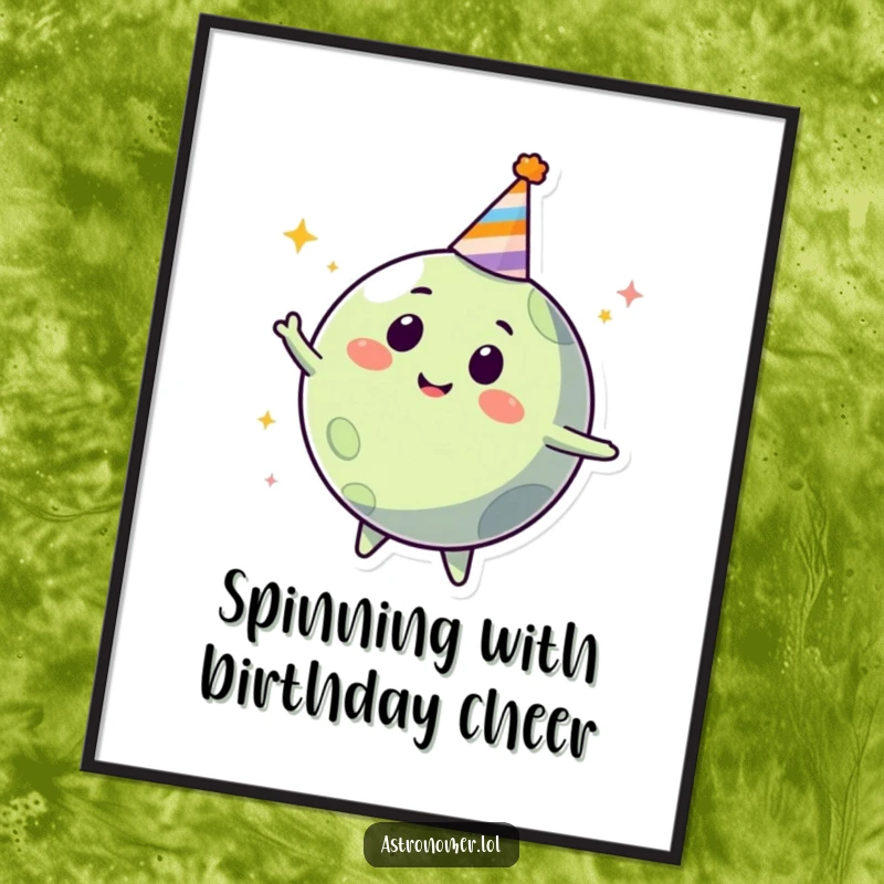 Funny Free Printable Wall Art: Happy planet wearing a party hat, spinning with excitement, perfect for downloadable decor.