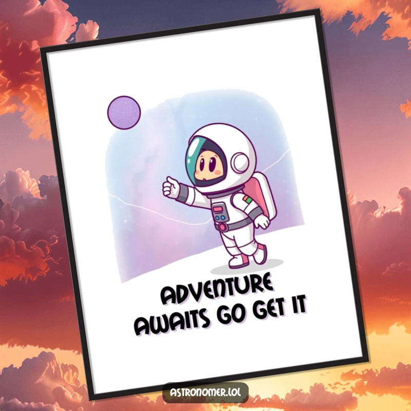 Funny Free Printable Wall Art: Cartoon astronaut excitedly pointing at a distant galaxy, majestic space view.