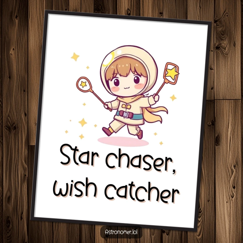 Funny Free Printable Wall Art: Playful Kawaii astronomer on a whimsical chase, netting a shooting star across the starry sky.