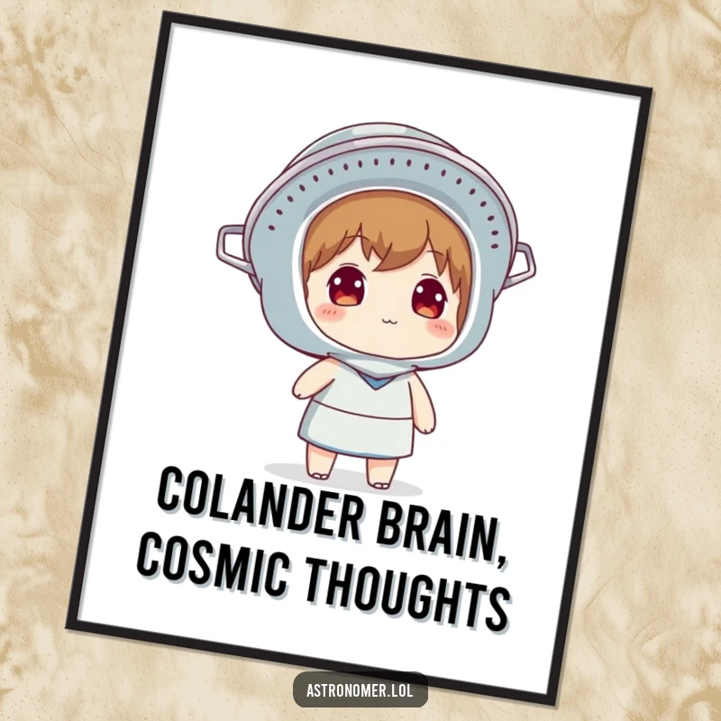 Funny free printable wall art showing a character wearing a colander as a helmet, looking up at the sky with wonder.