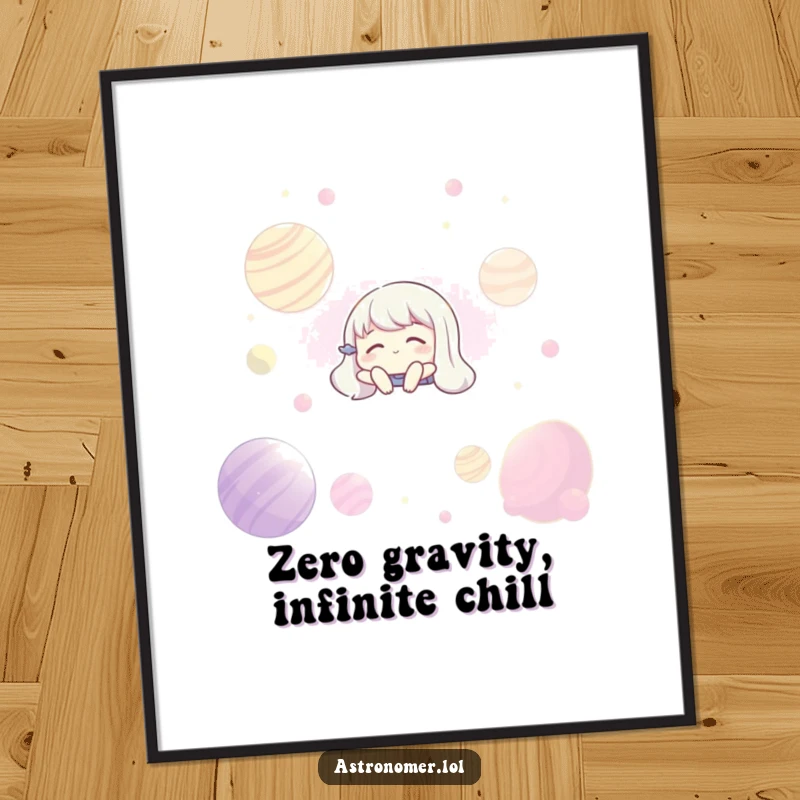 Funny Free Printable Wall Art: an alien floats serenely with closed eyes among glowing planets in space.