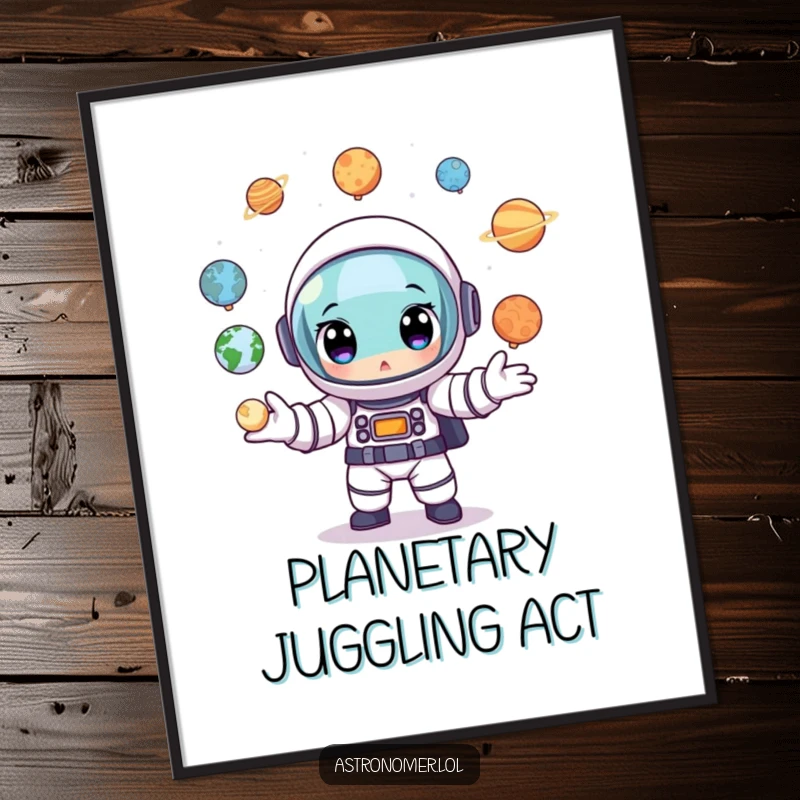 Funny Free Printable Wall Art: Wide-eyed cartoon astronaut juggling tiny planet models with impressive dexterity in space.