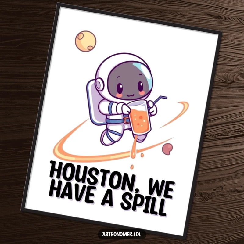 Funny Free Printable Wall Art: Cartoon astronaut spills a drink in zero gravity while orbiting a planet, a comedic scene.