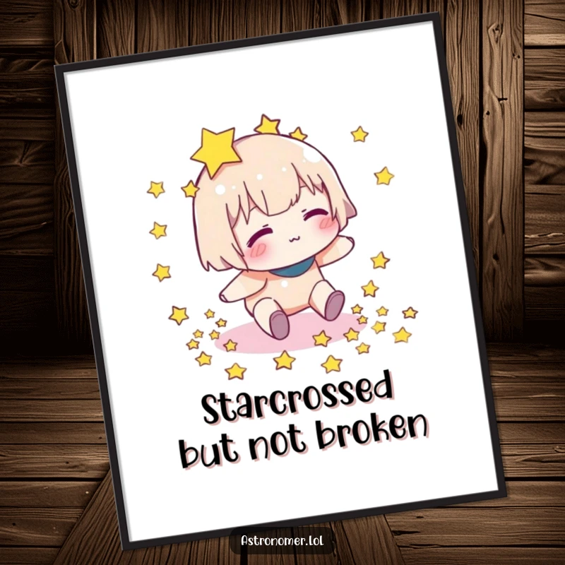 Funny free printable wall art of a character stumbling and dropping stars, creating a humorous and chaotic celestial scene.