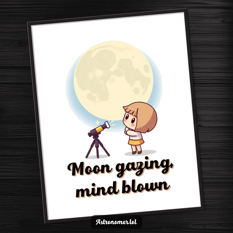 Funny Free Printable Wall Art: Curious Kawaii astronomer peering up at a massive, comically surprised moon, adding whimsical humor to your decor.