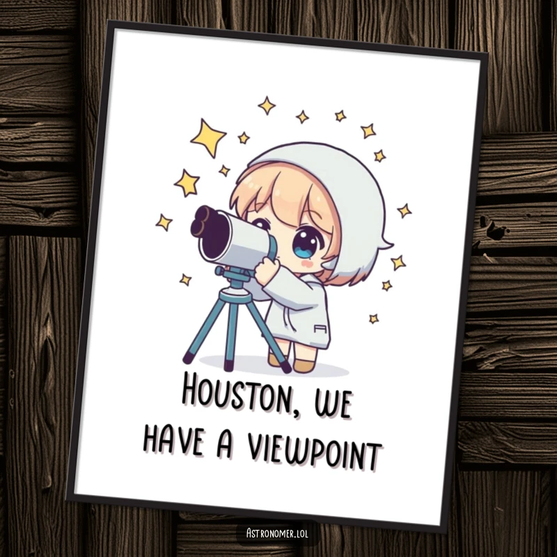 Funny Free Printable Wall Art: an alien with stars around its head gazes through a telescope at the night sky.