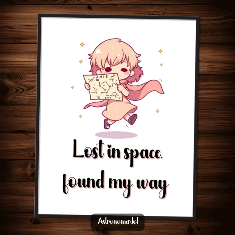 Funny Free Printable Wall Art: an alien humorously trips while holding a map of constellations.