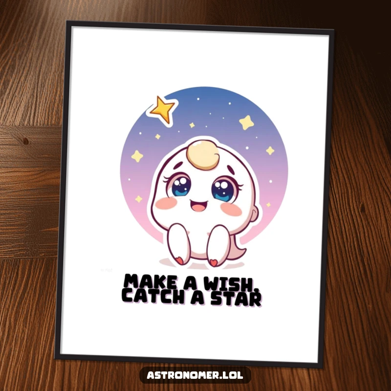 Funny Free Printable Wall Art: Character with wide eyes smiling up at a beautiful shooting star.