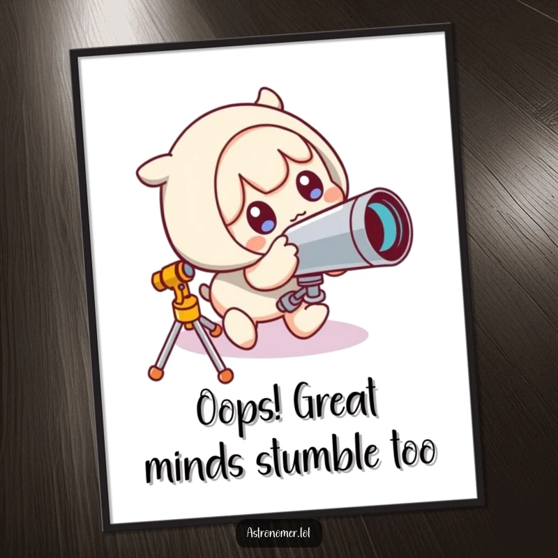 Funny Free Printable Wall Art: Cute character comically trips over a telescope, captured in a moment of surprised amusement.