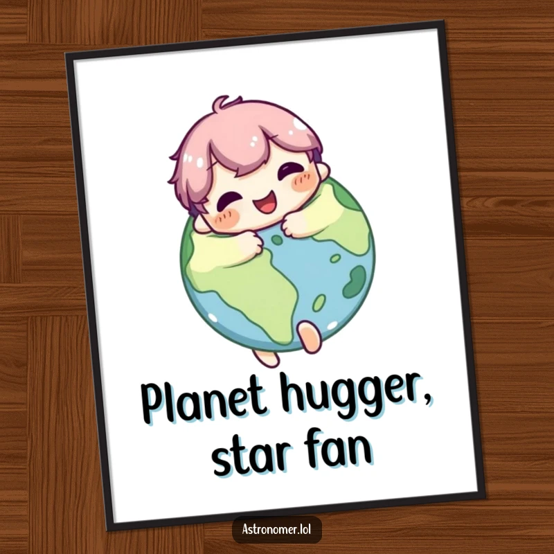 Funny Free Printable Wall Art: Cute character warmly hugs a planet, showcasing a deep appreciation for the cosmos.