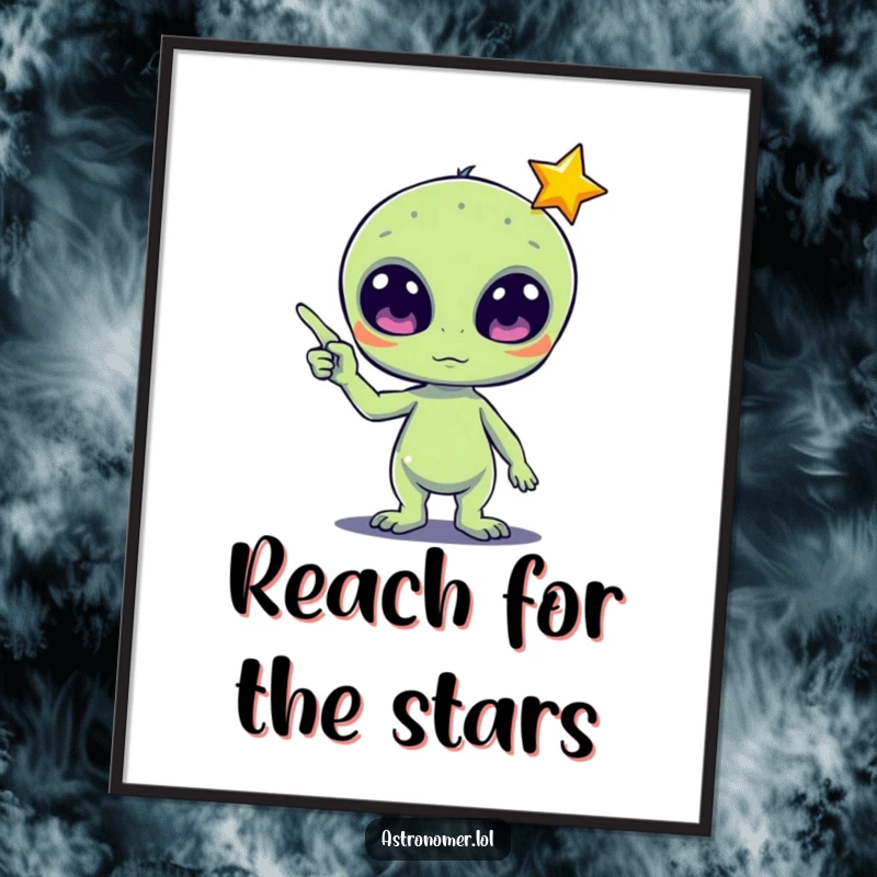 Funny Free Printable Wall Art: A cute alien gazes with wide eyes at a bright falling star, adding cosmic charm.