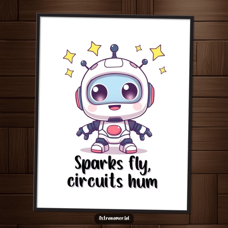 Funny Free Printable Wall Art: A robot with wide, sparkling eyes gazing in awe at a vast, star-filled galaxy.