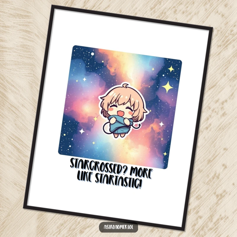 Funny Free Printable Wall Art: A character hilariously tangled in a vibrant starry nebula, giggling uncontrollably, perfect decor.