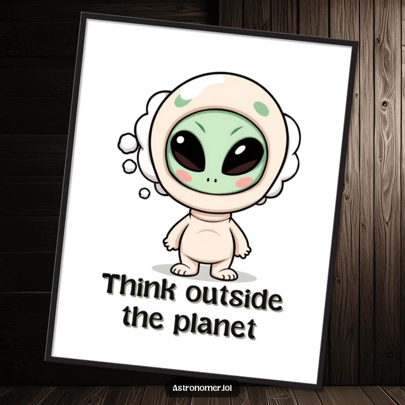 Funny Free Printable Wall Art: Character contemplating with a silly alien face in a thought bubble.