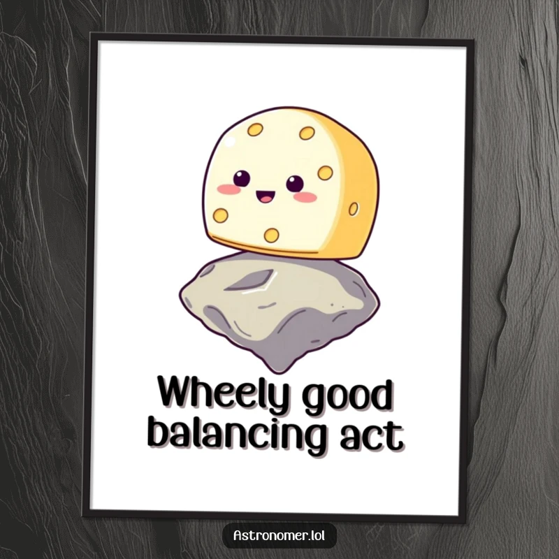 Funny Free Printable Wall Art: Smiling cheese wheel struggling to balance on a floating asteroid, a delicious space dare.