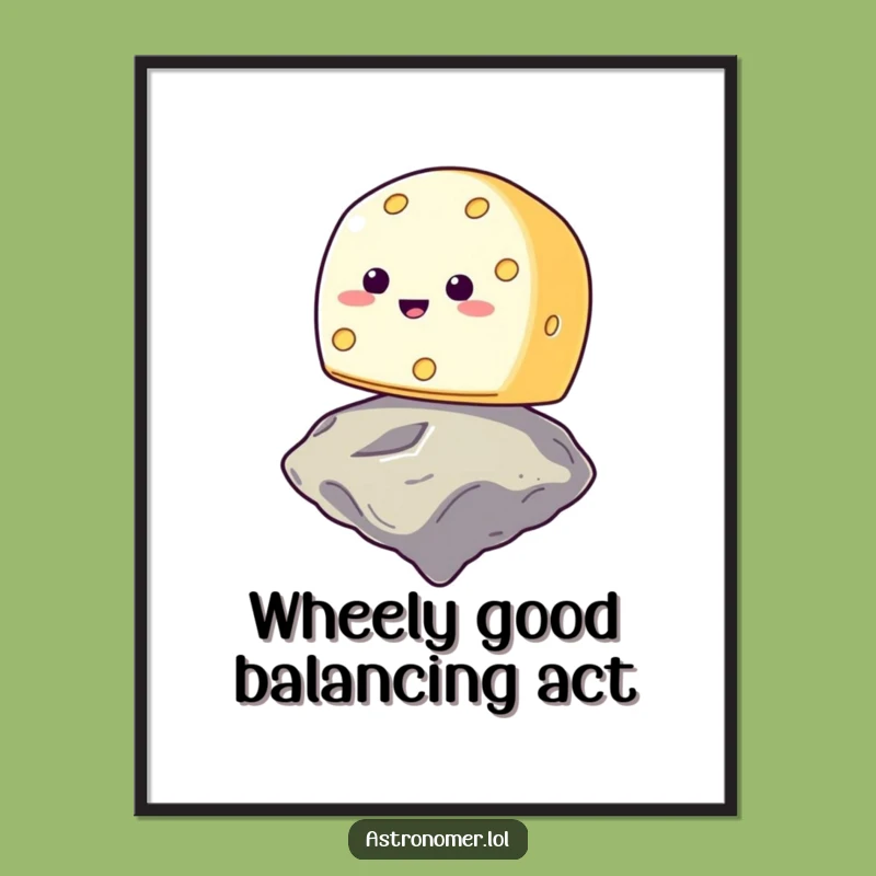 Free Printable Wall Art: Funny Cheese Asteroid Balance, Hilarious Downloadable Foodie Decor