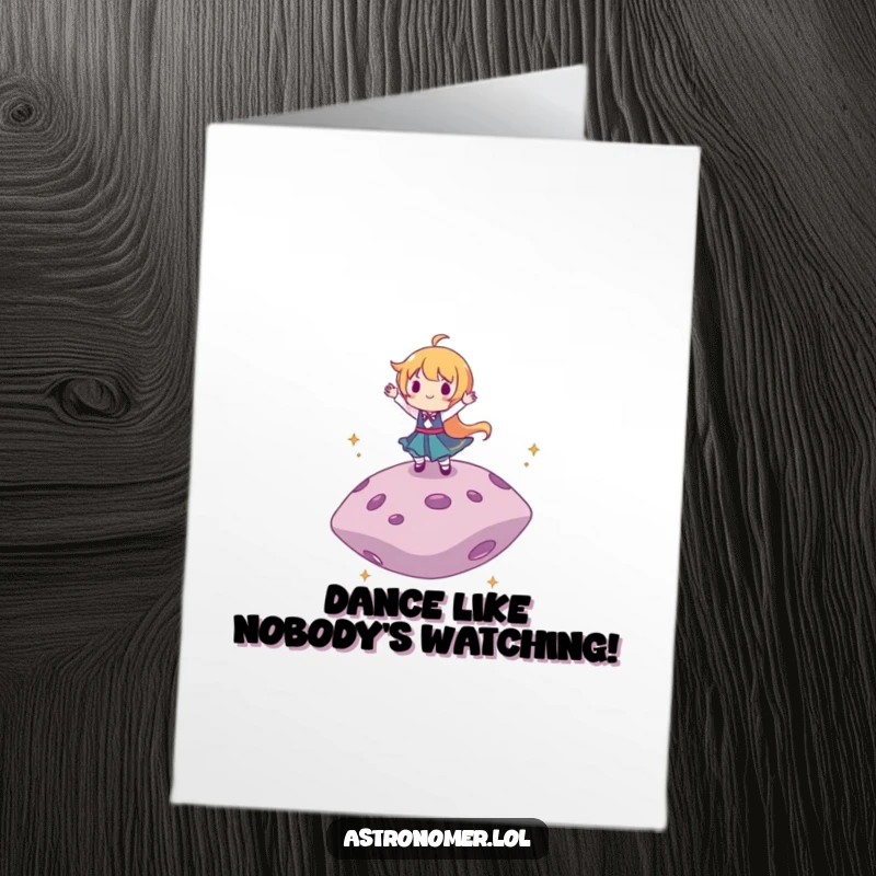 Funny free printable birthday card showcasing a character gleefully dancing atop a floating asteroid in space, a celebration of joy.