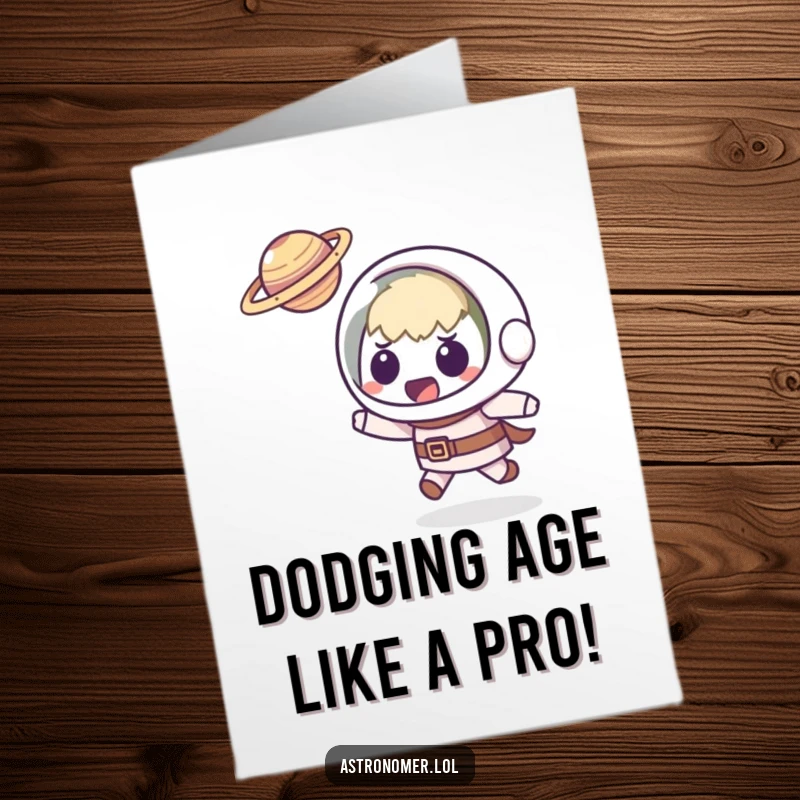 Funny Free Printable Birthday Card: Startled Kawaii astronomer dodging a tiny, flying planet, a hilarious surprise for their birthday.