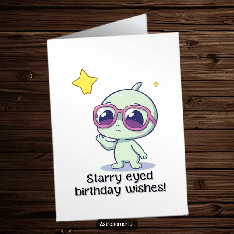 Funny Free Printable Birthday Card: Cute alien in big glasses gazes at star, perfect for a joyful DIY gift.