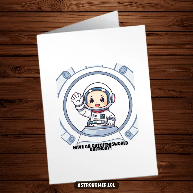 Funny Free Printable Birthday Card: Cartoon astronaut waving enthusiastically from inside a spaceship, friendly space greeting.