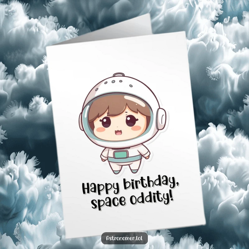 Funny Free Printable Birthday Card: Cute character wears a colander as a space helmet, looking hilariously amused and ready for anything.
