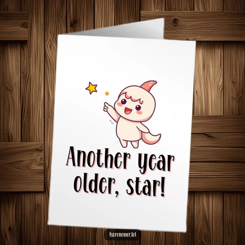 Funny Free Printable Birthday Card: Cute character eagerly points to a glowing star, full of birthday wishes and cosmic excitement.