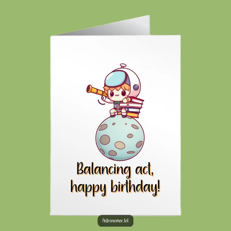 Free Printable Birthday Card: Determined Kawaii Astronomer Balancing Books Funny Downloadable Art Gift