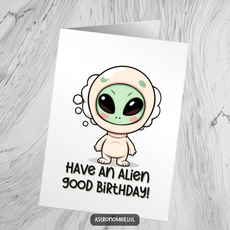 Funny Free Printable Birthday Card: Character thinking with a humorous alien face in a thought bubble.