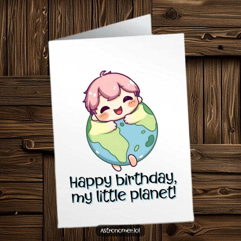 Funny Free Printable Birthday Card: Cute character joyfully hugs a planet, radiating happiness and cosmic affection.