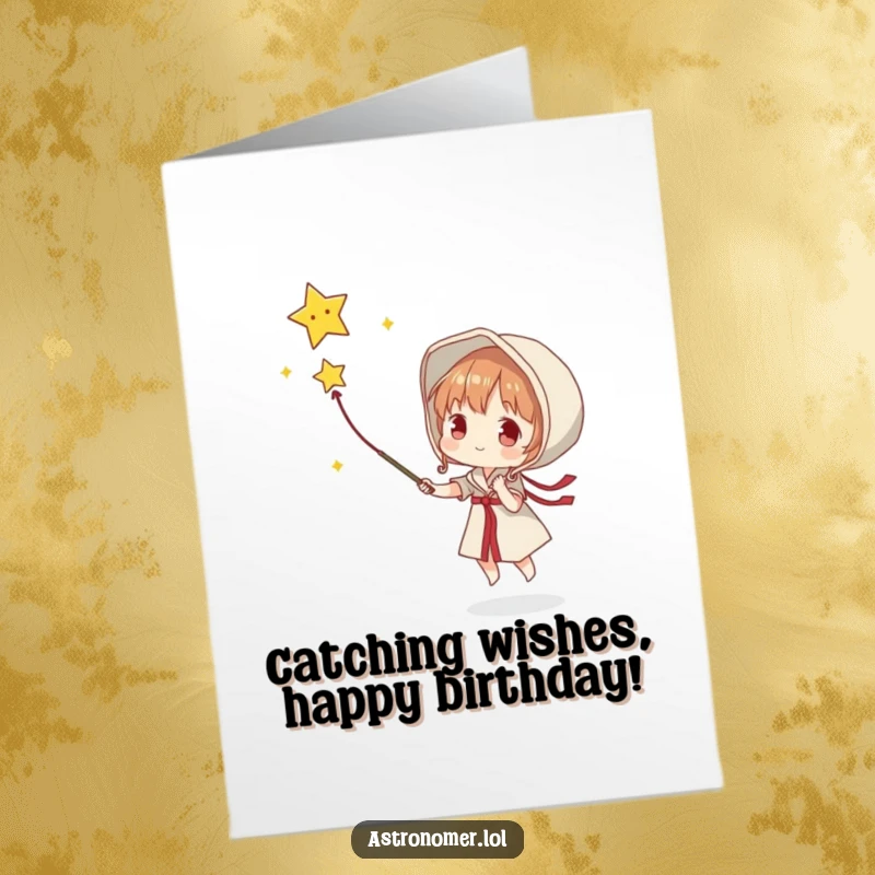 Funny Free Printable Birthday Card: Character attempts to catch a falling star with a net, aiming for birthday wishes.