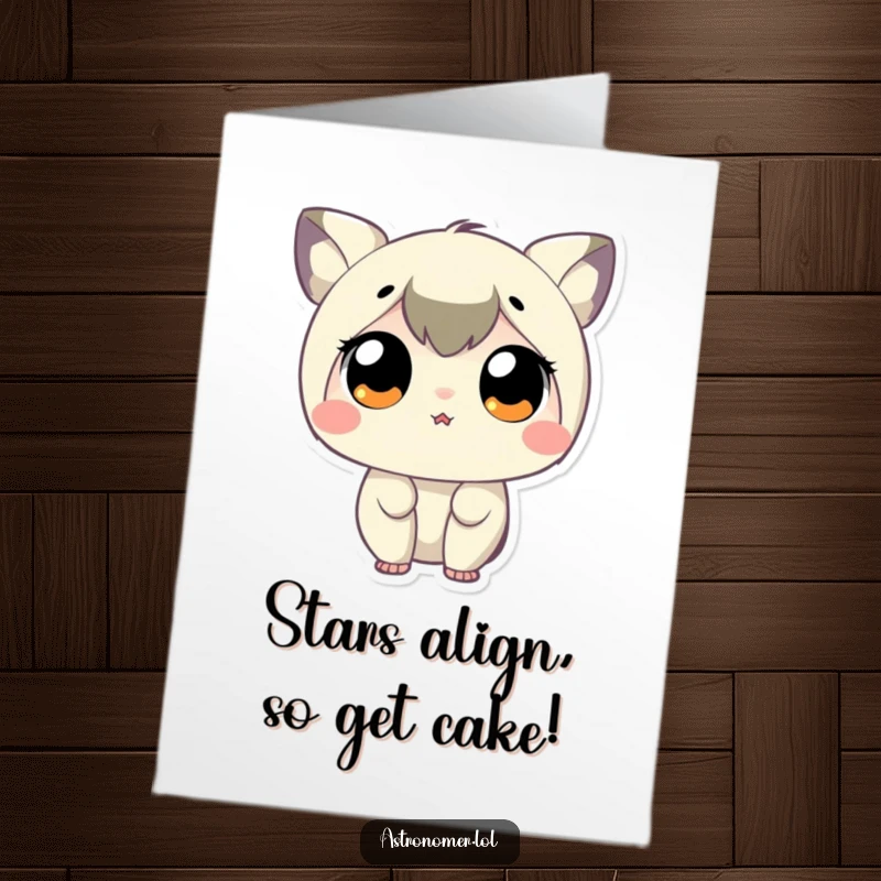 Funny Free Printable Birthday Card featuring a tiny character stargazing with huge, amazed eyes, capturing cosmic wonder.