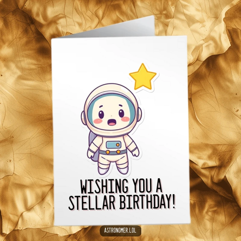 Funny Free Printable Birthday Card: Cartoon astronaut with a surprised expression looking up at a bright shooting star.