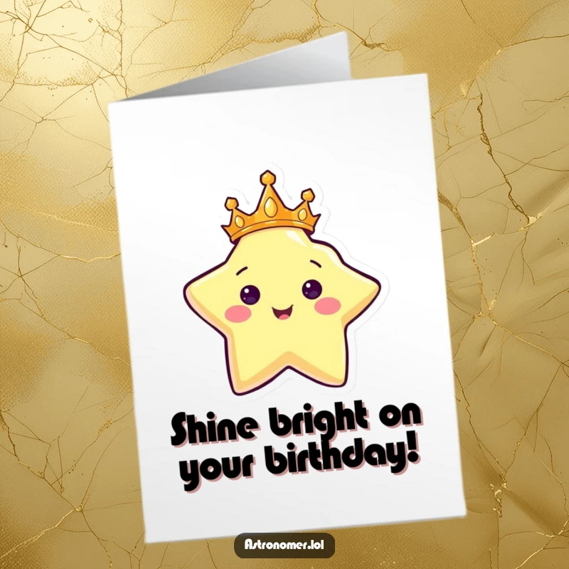 Funny Free Printable Birthday Card: Happy star character wearing a crown and shining brightly, a downloadable gift of pure joy.