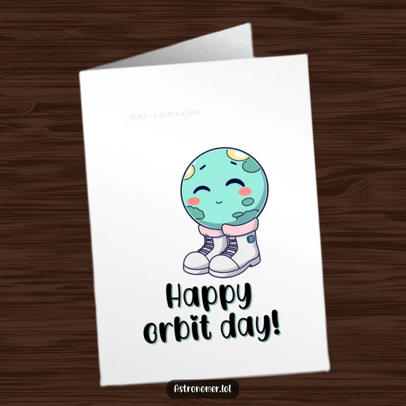 Funny Free Printable Birthday Card: Winking planet struggling to put on oversized moon boots, a cosmic fashion faux pas.