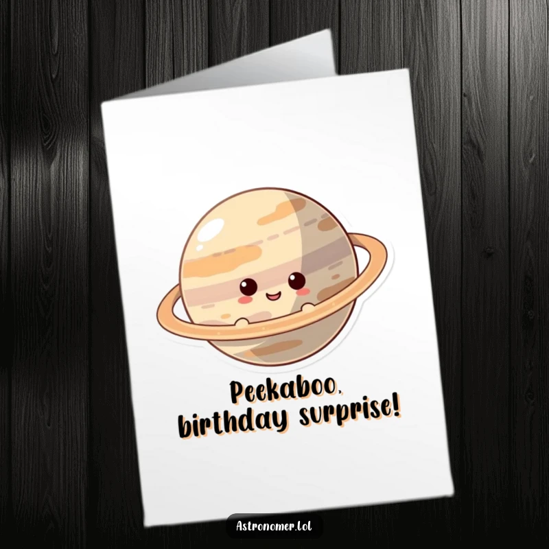 Funny Free Printable Birthday Card: Curious character smiling as they playfully peek from behind a large ringed planet.