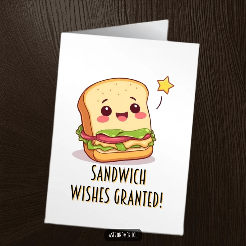 Funny Free Printable Birthday Card: Cheerful sandwich leaping to catch a falling star, a wishful culinary moment.