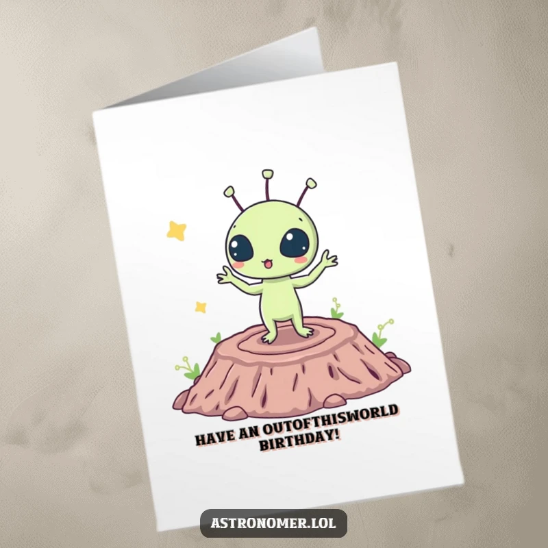 Funny Free Printable Birthday Card: Surprised alien creature doing a silly dance on a crater, spreading downloadable birthday joy.