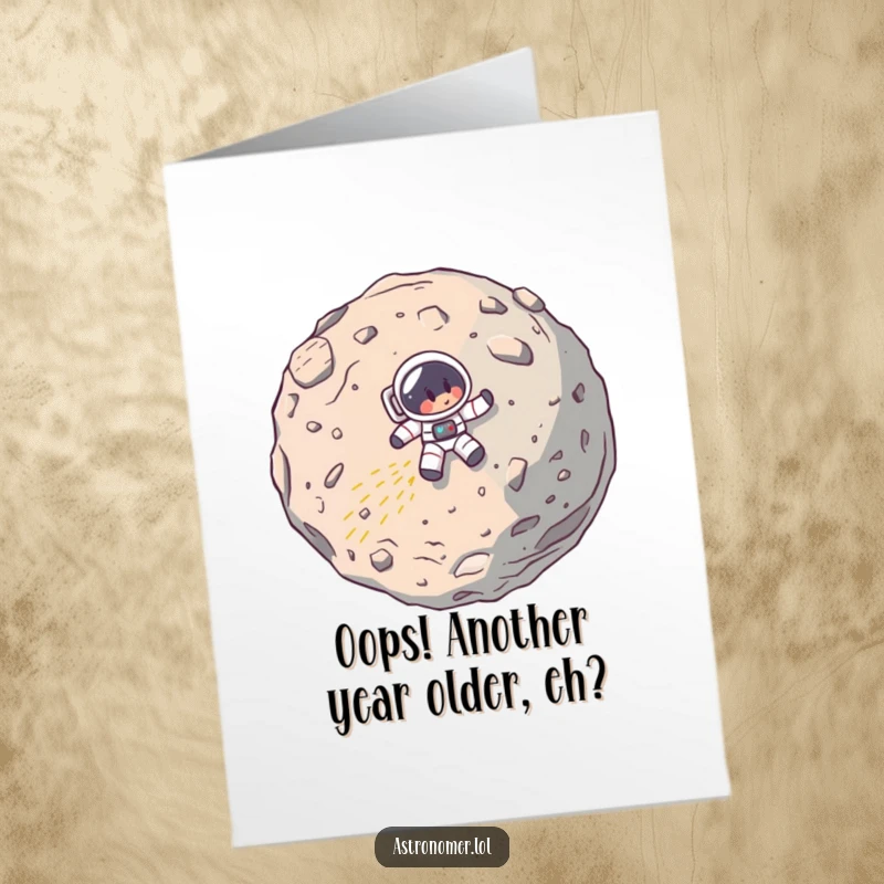 Funny Free Printable Birthday Card: Cartoon astronaut comically crashing into a giant asteroid, space humor.