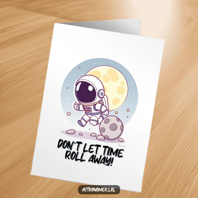 Funny Free Printable Birthday Card: Cartoon astronaut playfully chasing a rolling moon rock, space exploration humor.