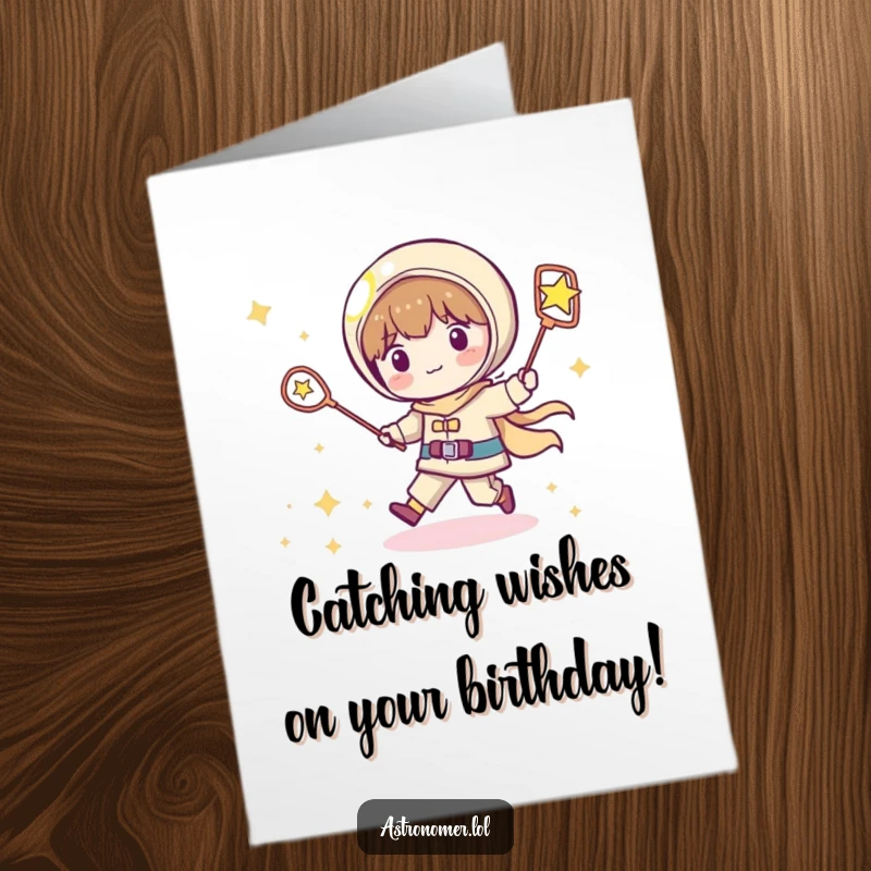 Funny Free Printable Birthday Card: Playful Kawaii astronomer eagerly chases a shooting star with a net, perfect for a birthday surprise.