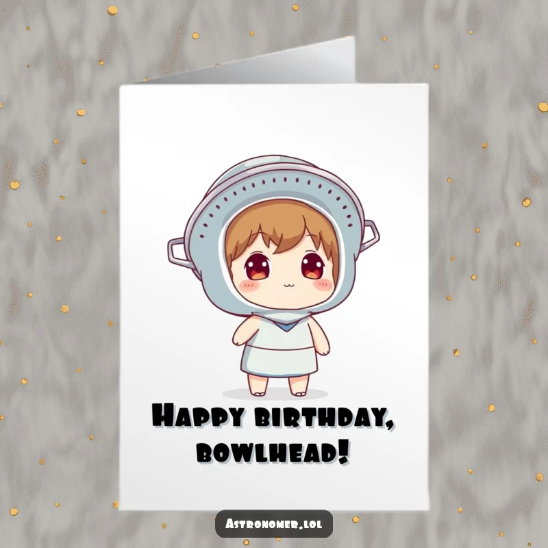 Funny free printable birthday card of a character wearing a colander as a helmet, gazing upwards with a curious expression.