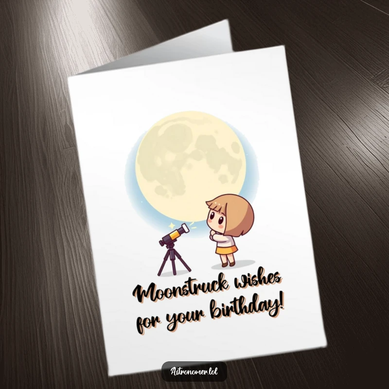 Funny Free Printable Birthday Card: Curious Kawaii astronomer peers at a giant, surprised moon, perfect for a birthday surprise.