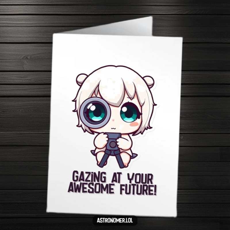 Funny Free Printable Birthday Card: Character's eyes go wide looking through a telescope, hilariously surprised by the universe.