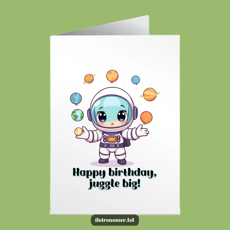 Free Printable Birthday Card: Juggling Astronaut Planets, Fun Downloadable Gift